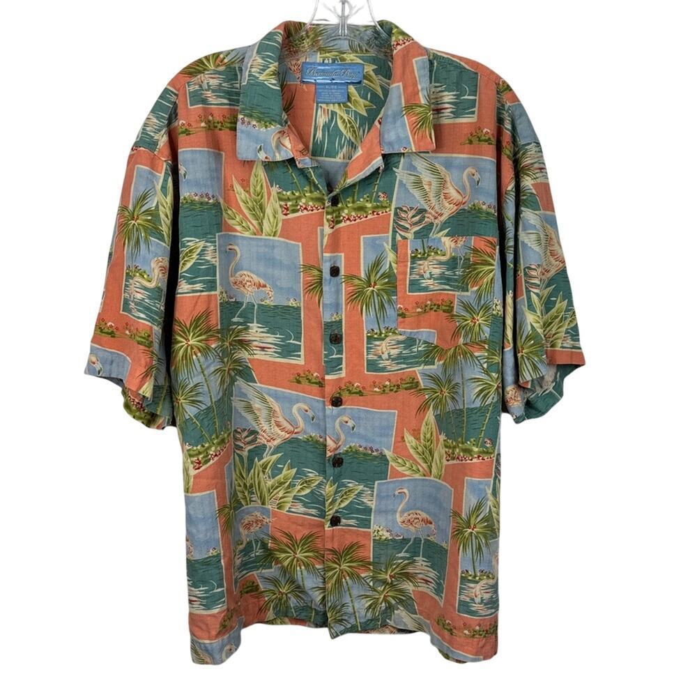 Bermuda Bay 100% Silk Hawaiian Shirt Floral Tropical Print Peach Blue Men's XL